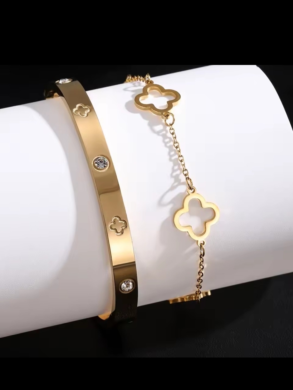 Gold 18k. GP Clover Duo of bracelets, super Charm Bracelet and Bangle Set -